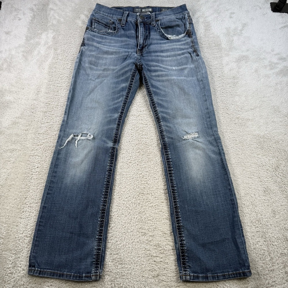 Buckle BKE Jake Jeans Mens 30S (29x28) Blue Bootleg Stretch Denim Distressed
